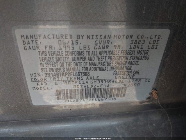 2015 Nissan Sentra Fe+ S/s/sl/sr/sv მანქანა იყიდება აუქციონზე, vin: 3N1AB7AP2FL667508, აუქციონის ნომერი: 45774393