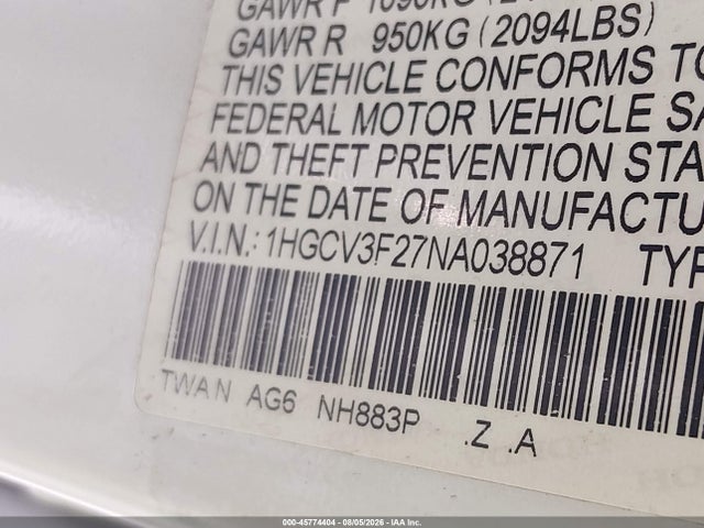 1HGCV3F27NA038871 Honda Accord Hybrid Sport