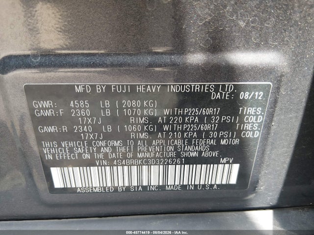 45774419 :رقم المزاد ، 4S4BRBKC3D3226261 vin ، 2013 Subaru Outback 2.5i Limited مزاد بيع
