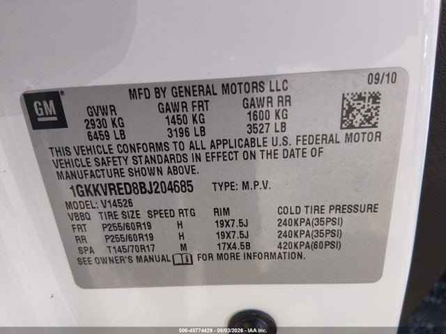 45774429 :رقم المزاد ، 1GKKVRED8BJ204685 vin ، 2011 Gmc Acadia Slt-1 مزاد بيع