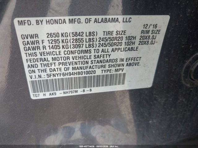 Honda Pilot Touring 2017 5FNYF6H94HB010020 Image 9