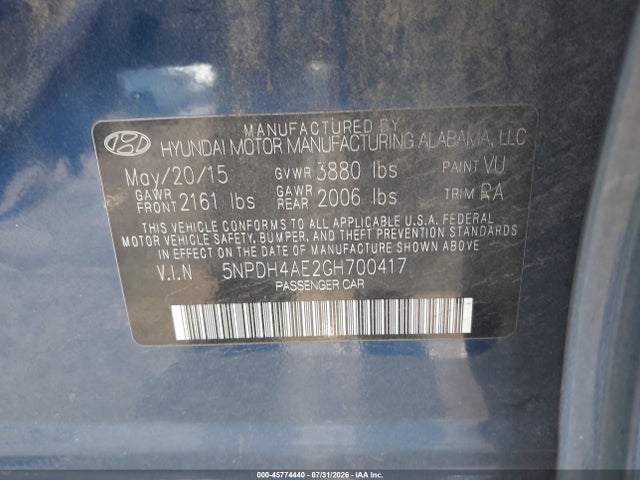 Auction sale of the 2016 Hyundai Elantra Se, vin: 5NPDH4AE2GH700417, lot number: 45774440