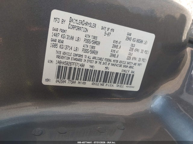 Aukcja sprzedaży 2007 Chrysler Aspen Limited, vin: 1A8HX58287F571480, numer aukcji: 45774441