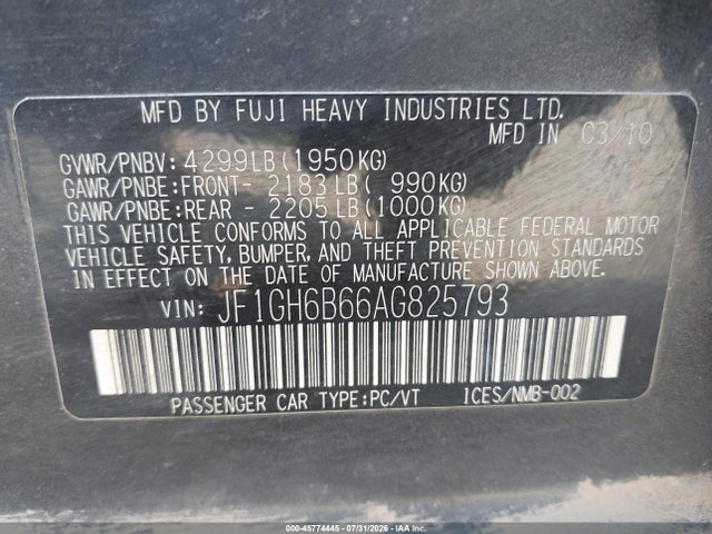 Aukcja sprzedaży 2010 Subaru Impreza 2.5i Premium, vin: JF1GH6B66AG825793, numer aukcji: 45774445