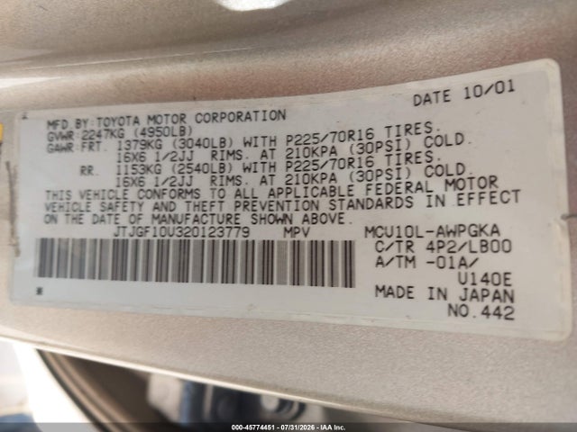 45774451 :رقم المزاد ، JTJGF10U320123779 vin ، 2002 Lexus Rx 300 مزاد بيع