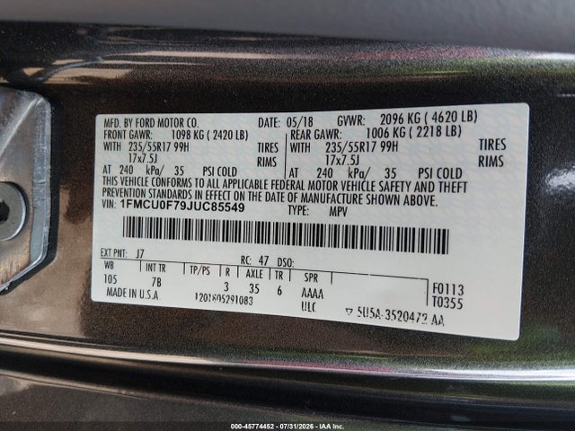 2018 Ford Escape S მანქანა იყიდება აუქციონზე, vin: 1FMCU0F79JUC85549, აუქციონის ნომერი: 45774452