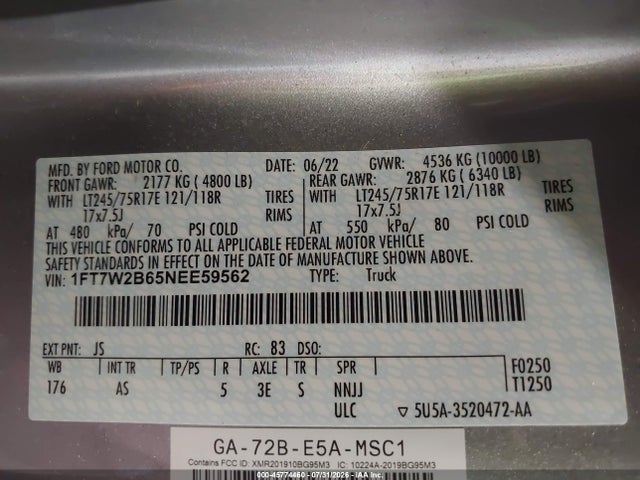 Aukcja sprzedaży 2022 Ford F-250 Xl, vin: 1FT7W2B65NEE59562, numer aukcji: 45774460