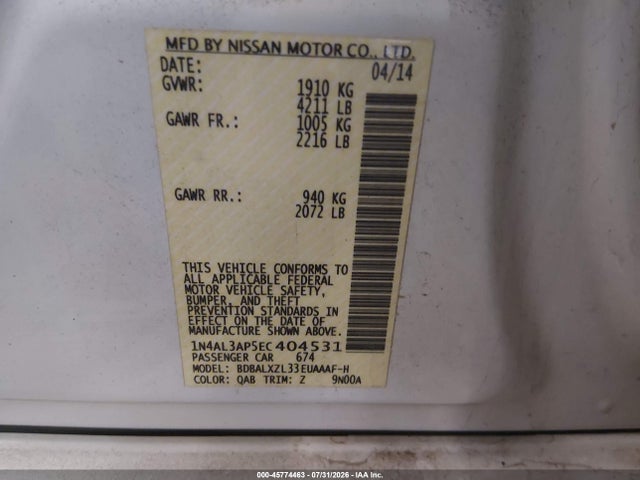 2014 Nissan Altima 2.5 Sl მანქანა იყიდება აუქციონზე, vin: 1N4AL3AP5EC404531, აუქციონის ნომერი: 45774463