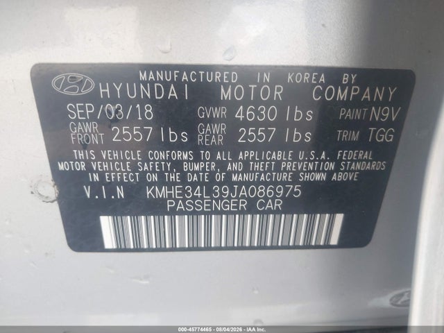 Aukcja sprzedaży 2018 Hyundai Sonata Hybrid Limited, vin: KMHE34L39JA086975, numer aukcji: 45774465