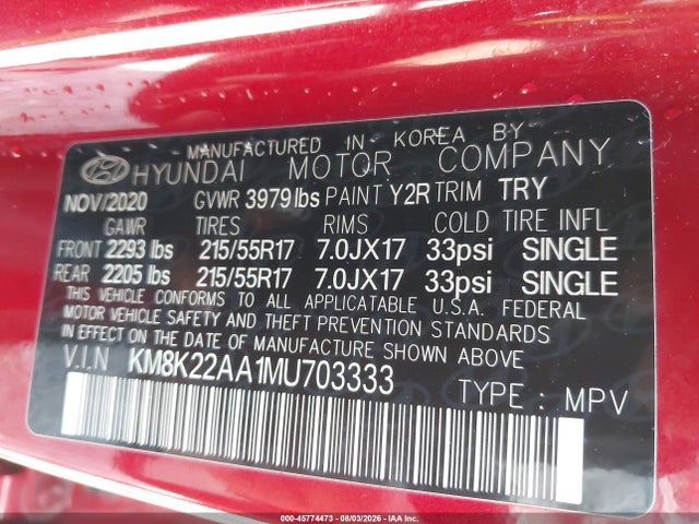 Продаж на аукціоні авто 2021 Hyundai Kona Sel, vin: KM8K22AA1MU703333, номер лоту: 45774473