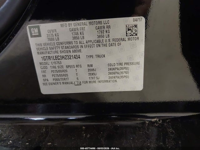 Продажа на аукционе авто 2017 Gmc Sierra 1500, vin: 1GTR1LEC3HZ321434, номер лота: 45774498
