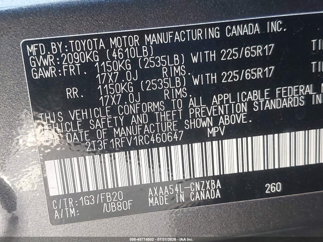 2T3F1RFV1RC460647 Toyota RAV4 LE