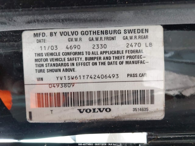 45774503 :رقم المزاد ، YV1SW61T742406493 vin ، 2004 Volvo V70 2.4 مزاد بيع