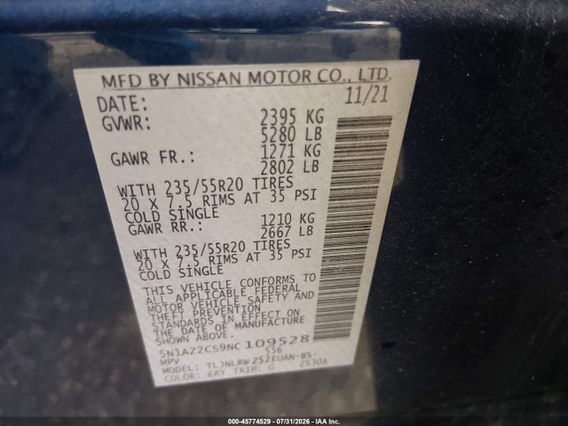 Продажа на аукционе авто 2022 Nissan Murano Sl Intelligent Awd, vin: 5N1AZ2CS9NC109528, номер лота: 45774529