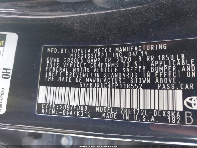 5YFBURHE4EP118552 Toyota Corolla S Plus
