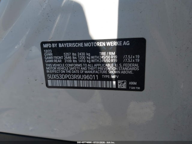 45774595 :رقم المزاد ، 5UX53DP03R9U96011 vin ، 2024 Bmw X3 Xdrive30i مزاد بيع