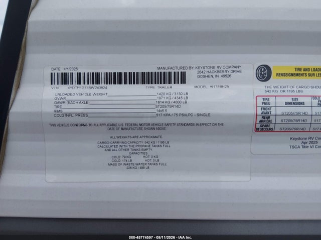 Продажа на аукционе авто 2025 Keystone Other, vin: 4YDTH1G13SW243924, номер лота: 45774597