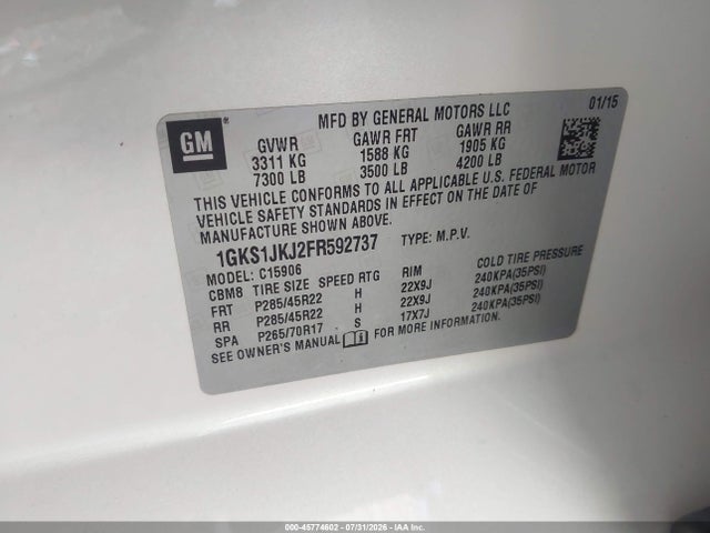 45774602 :رقم المزاد ، 1GKS1JKJ2FR592737 vin ، 2015 Gmc Yukon Xl 1500 Denali مزاد بيع