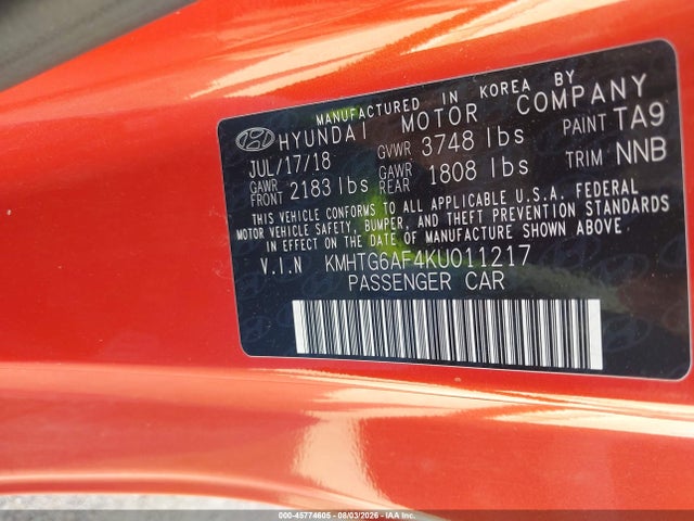 2019 Hyundai Veloster 2.0 მანქანა იყიდება აუქციონზე, vin: KMHTG6AF4KU011217, აუქციონის ნომერი: 45774605