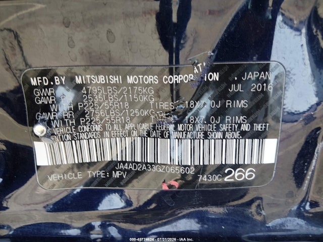 Aukcja sprzedaży 2016 Mitsubishi Outlander Es, vin: JA4AD2A33GZ065602, numer aukcji: 45774624