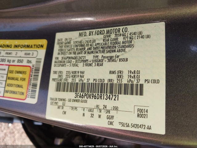 Продажа на аукционе авто 2013 Ford Fusion Titanium, vin: 3FA6P0K96DR134721, номер лота: 45774629