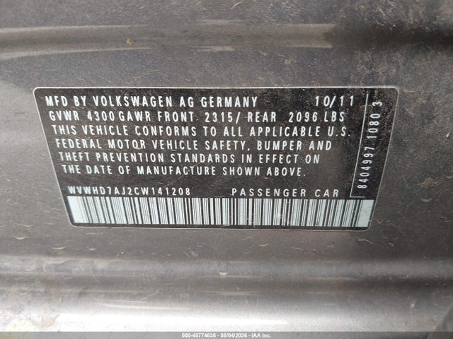 Продажа на аукционе авто 2012 Volkswagen Gti 4-door, vin: WVWHD7AJ2CW141208, номер лота: 45774638