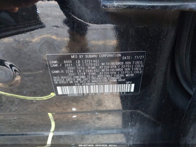 Aukcja sprzedaży 2022 Subaru Ascent Limited, vin: 4S4WMAMD7N3409552, numer aukcji: 45774639