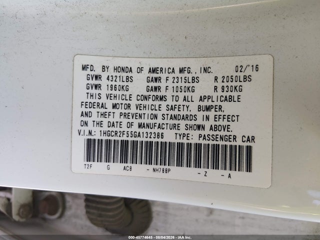Aukcja sprzedaży 2016 Honda Accord Sport, vin: 1HGCR2F55GA132386, numer aukcji: 45774645