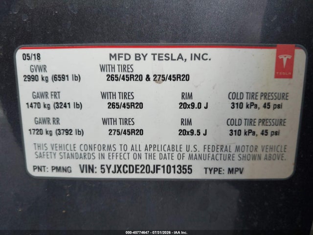 45774647 :رقم المزاد ، 5YJXCDE20JF101355 vin ، 2018 Tesla Model X 100d/75d/p100d مزاد بيع