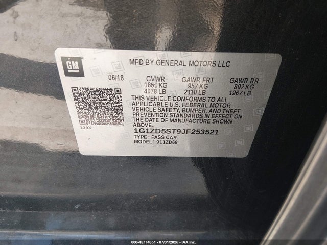 2018 Chevrolet Malibu Lt მანქანა იყიდება აუქციონზე, vin: 1G1ZD5ST9JF253521, აუქციონის ნომერი: 45774651