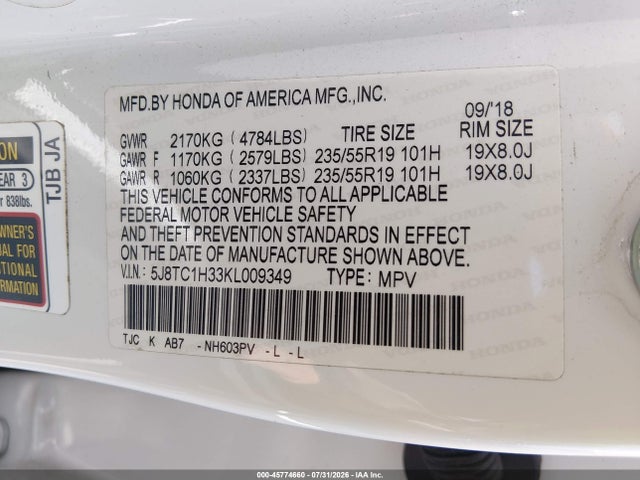 Aukcja sprzedaży 2019 Acura Rdx, vin: 5J8TC1H33KL009349, numer aukcji: 45774660
