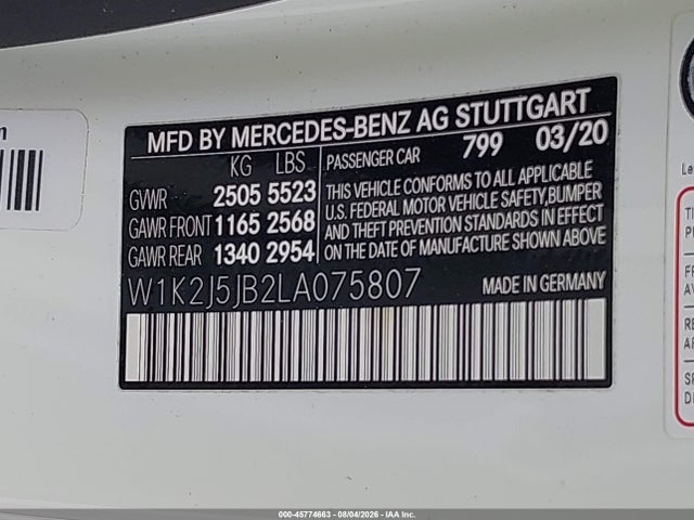 45774663 :رقم المزاد ، W1K2J5JB2LA075807 vin ، 2020 Mercedes-benz Cls 450 مزاد بيع
