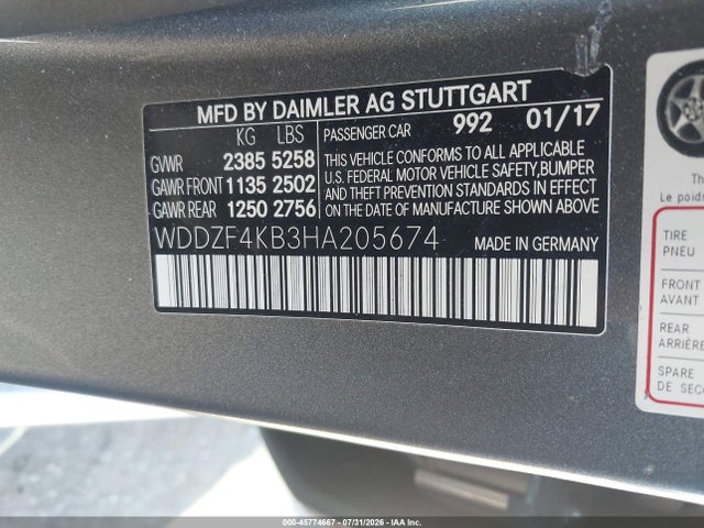 45774667 :رقم المزاد ، WDDZF4KB3HA205674 vin ، 2017 Mercedes-benz E 300 4matic مزاد بيع