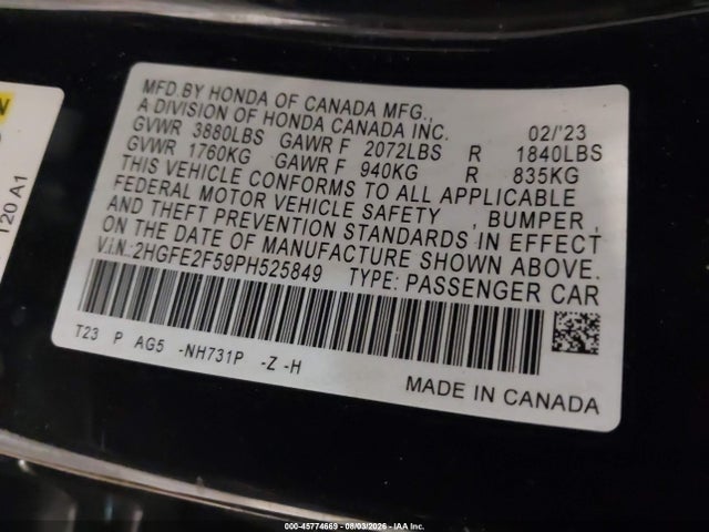 45774669 :رقم المزاد ، 2HGFE2F59PH525849 vin ، 2023 Honda Civic Sport مزاد بيع