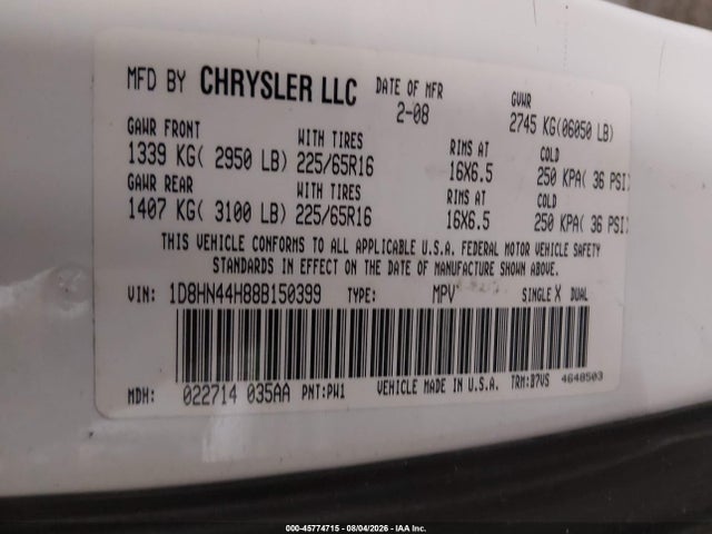 Aukcja sprzedaży 2008 Dodge Grand Caravan Se, vin: 1D8HN44H88B150399, numer aukcji: 45774715