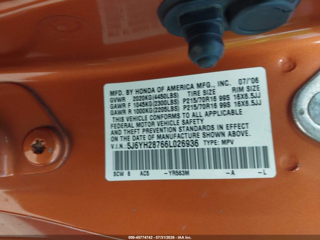 Aukcja sprzedaży 2006 Honda Element Ex-p, vin: 5J6YH28766L026936, numer aukcji: 45774742