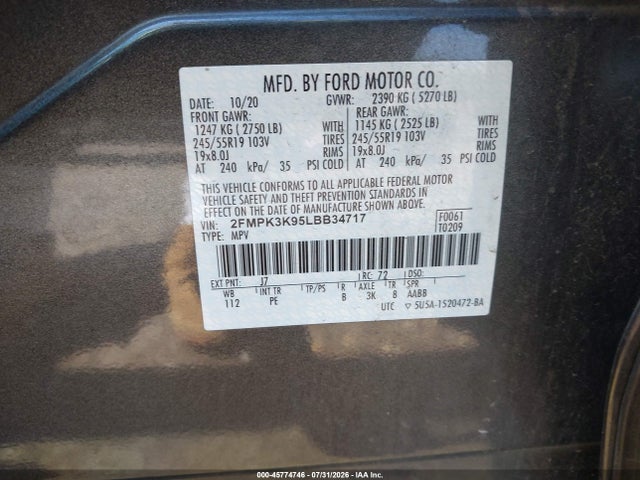 45774746 :رقم المزاد ، 2FMPK3K95LBB34717 vin ، 2020 Ford Edge Titanium مزاد بيع