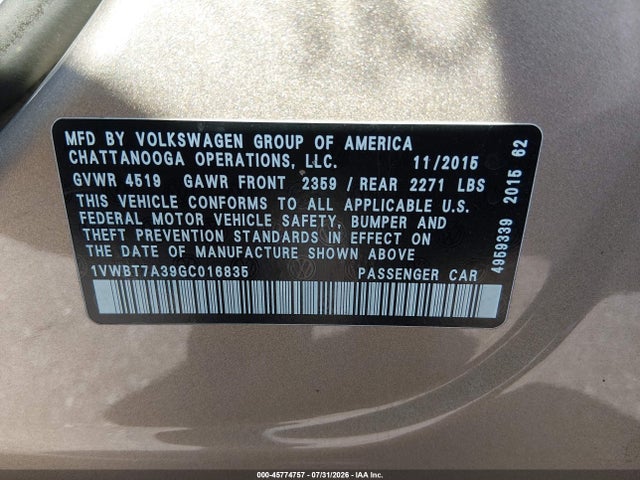 45774757 :رقم المزاد ، 1VWBT7A39GC016835 vin ، 2016 Volkswagen Passat 1.8t Se مزاد بيع