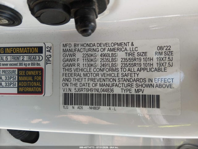 5J6RT6H91NL044836 Honda Cr-v Hybrid Touring