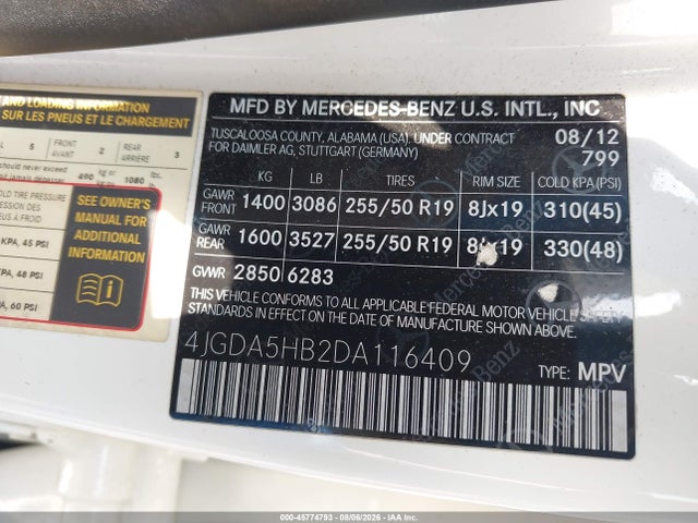 Продажа на аукционе авто 2013 Mercedes-benz Ml 350 4matic, vin: 4JGDA5HB2DA116409, номер лота: 45774793