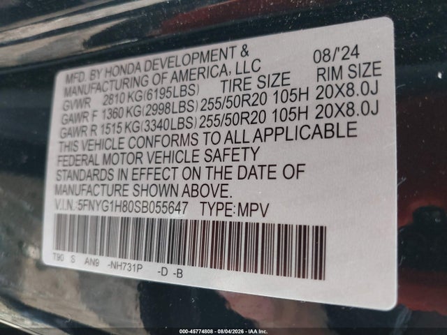 45774808 :رقم المزاد ، 5FNYG1H80SB055647 vin ، 2025 Honda Pilot Elite مزاد بيع