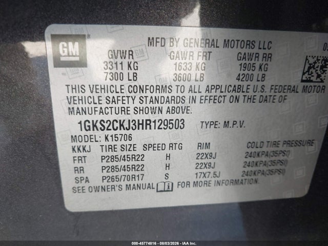 Продажа на аукционе авто 2017 Gmc Yukon Denali, vin: 1GKS2CKJ3HR129503, номер лота: 45774816
