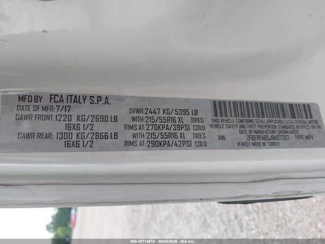 45774818 :رقم المزاد ، ZFBERFAB5J6H37357 vin ، 2018 Ram Promaster City Tradesman مزاد بيع