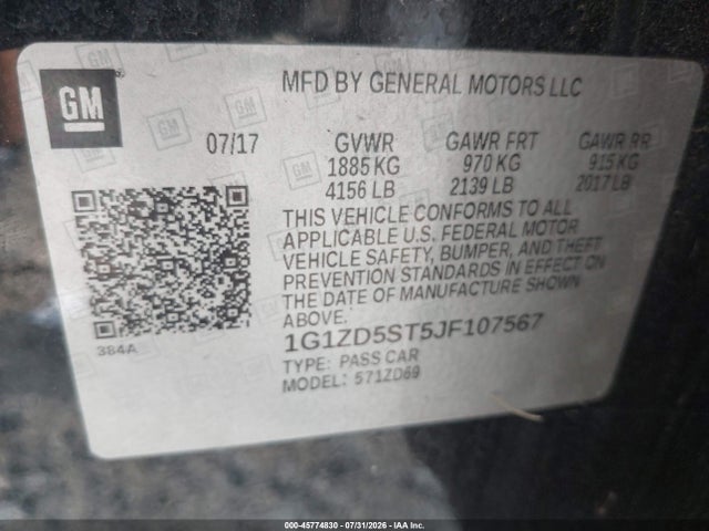 Продажа на аукционе авто 2018 Chevrolet Malibu Lt, vin: 1G1ZD5ST5JF107567, номер лота: 45774830