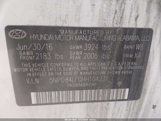 Auction sale of the 2017 Hyundai Elantra Se, vin: 5NPD84LF0HH104231, lot number: 45774844