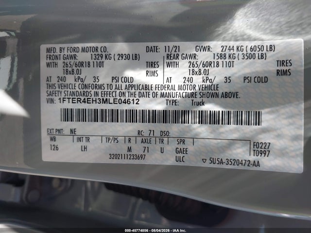 Ford RANGER XL 2021 1FTER4EH3MLE04612 Image 9