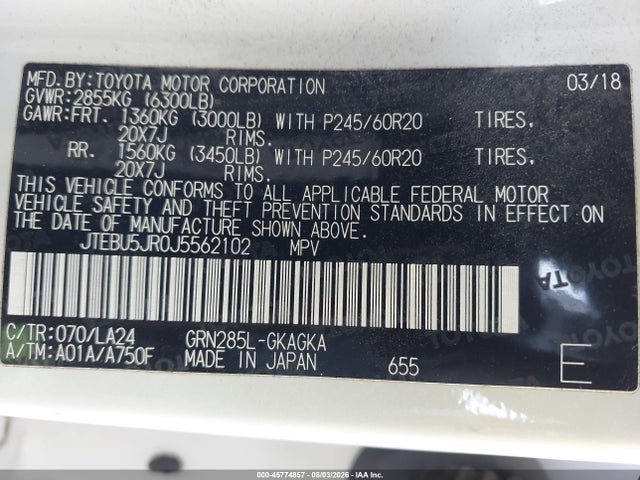 Toyota 4runner Limited 2018 JTEBU5JR0J5562102 Image 9