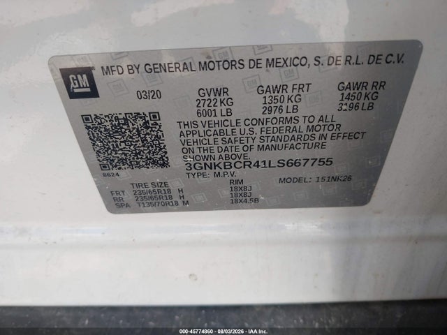 45774860 :رقم المزاد ، 3GNKBCR41LS667755 vin ، 2020 Chevrolet Blazer Fwd 2lt مزاد بيع