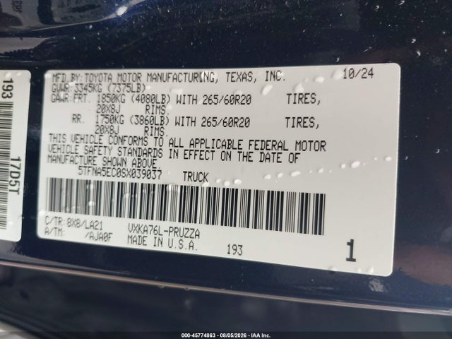 Aukcja sprzedaży 2025 Toyota Tundra Platinum, vin: 5TFNA5EC0SX039037, numer aukcji: 45774863