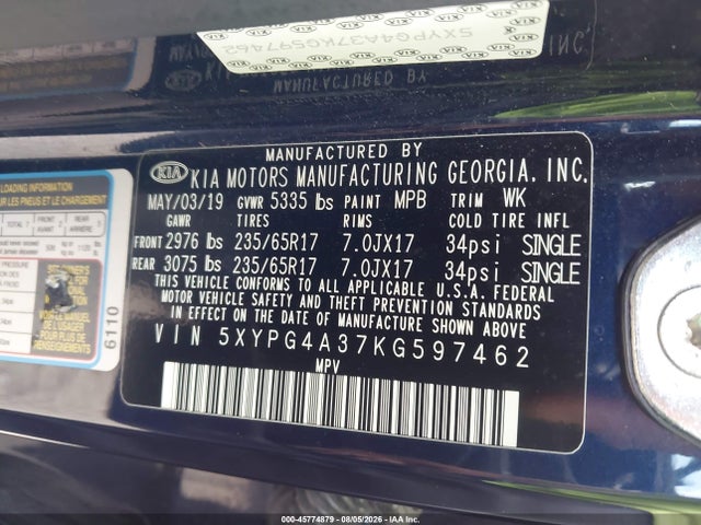 Продажа на аукционе авто 2019 Kia Sorento 2.4l Lx, vin: 5XYPG4A37KG597462, номер лота: 45774879